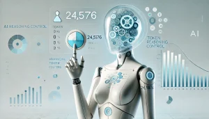 Robot futurista ajustando un control de pensamiento sobre fondo blanco, representando el modelo Gemini 2.5 Flash y su razonamiento ajustable en IA