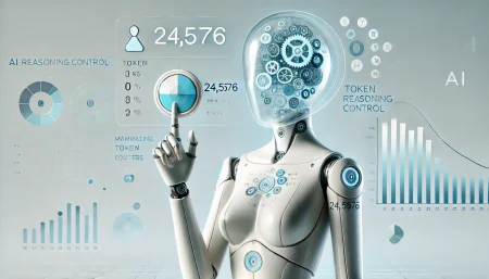 Robot futurista ajustando un control de pensamiento sobre fondo blanco, representando el modelo Gemini 2.5 Flash y su razonamiento ajustable en IA