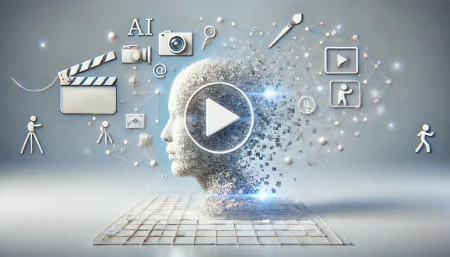 Imagen conceptual minimalista que representa cómo funciona la generación de videos con IA a través de prompts, como ofrece Google con Veo 2. Un rostro pixelado flotante, conectado a un botón de reproducir, simboliza la conexión entre imaginación y tecnología.