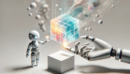 Ilustración minimalista y surrealista de un generador de imágenes por inteligencia artificial