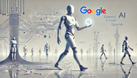 Ilustración surrealista y minimalista en fondo blanco que representa el liderazgo de Google en inteligencia artificial a través de su modelo Gemini. La figura humana futurista simboliza la estrategia tecnológica de la empresa frente a sus competidores.