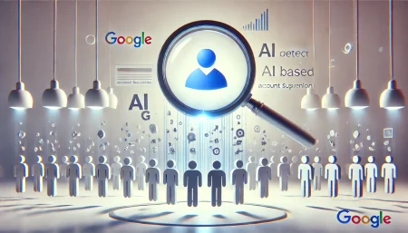 Ilustración subrealista y minimalista que representa la detección de cuentas fraudulentas en publicidad digital usando inteligencia artificial. Una lupa simboliza el análisis de datos en Google Ads.