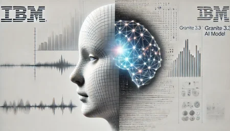 Representación surrealista y minimalista del modelo Granite 3.3 de IBM, con rostro humano dividido en ondas de audio y bloques de texto, sobre fondo blanco
