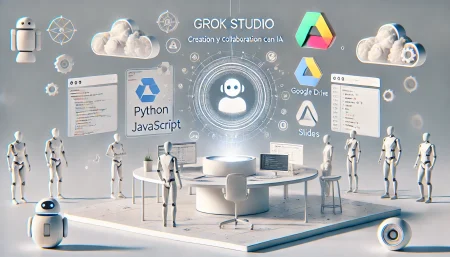 Ilustración minimalista y subrealista de Grok Studio, con código flotante, iconos de Google Drive y asistentes de IA colaborando en tiempo real.