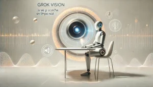 Ilustración surrealista y minimalista de una IA interactuando con visión y sonido en tiempo real