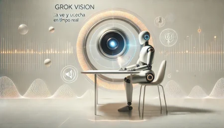 Ilustración surrealista y minimalista de una IA interactuando con visión y sonido en tiempo real