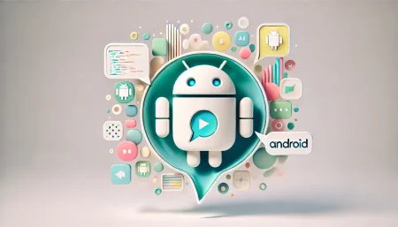 Ilustración digital subrealista con fondo blanco que representa a Grok, el chatbot de inteligencia artificial de xAI, integrado en Android. La imagen muestra un robot estilizado fusionado con el logo de Android, rodeado de elementos abstractos como chats flotantes, fragmentos de código e imágenes generadas por IA.