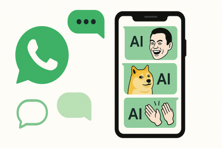 Ilustración digital sobre Grouphug, una app que transforma chats de grupos de WhatsApp en memes usando inteligencia artificial, con elementos visuales como el logo de WhatsApp, burbujas de mensaje y un móvil con imágenes humorísticas generadas por IA.