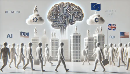 Ilustración subrealista de la guerra por el talento en inteligencia artificial en Europa, con figuras minimalistas caminando hacia un edificio flotante en forma de cerebro.