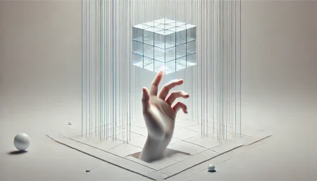 Imagen surrealista y minimalista de una mano humana interactuando con un holograma tridimensional suspendido por bandas elásticas. Representa el concepto innovador de pantallas volumétricas táctiles en un fondo blanco limpio y moderno.