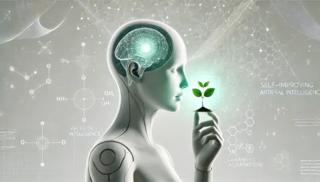 Imagen conceptual de una inteligencia artificial auto-mejorable, representada por un robot con una planta dentro de su cabeza, simbolizando el aprendizaje autónomo y la adaptación inteligente. Ideal para artículos sobre DeepSeek, IA de refuerzo y tecnología avanzada.