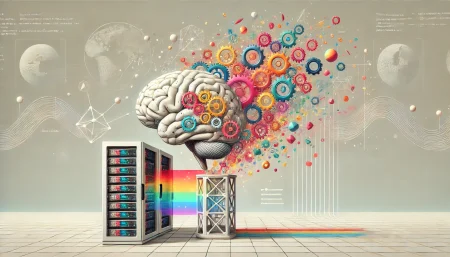 Ilustración surrealista y minimalista de un cerebro mecánico abierto liberando engranajes y fragmentos de código, conectado a un servidor, simbolizando la apertura del motor de inferencia de inteligencia artificial. Ideal para contenidos sobre DeepSeek AI, modelos LLM y herramientas de código abierto.