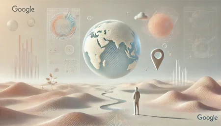 Ilustración minimalista y subrealista en fondo blanco que representa la inteligencia artificial geoespacial de Google. Muestra un globo terráqueo con capas de imágenes satelitales y datos digitales flotando, observado por una figura humana, simbolizando el análisis de datos del planeta mediante IA.