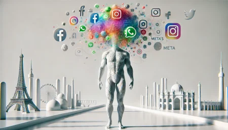 Ilustración surrealista y minimalista sobre inteligencia artificial y privacidad de datos en Europa. Representa cómo Meta utiliza contenido público para entrenar sus modelos de IA, con referencias simbólicas a redes sociales y cultura europea.