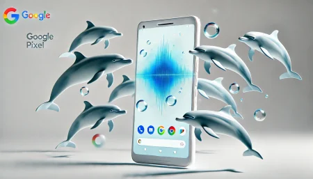 Ilustración surrealista de un móvil Pixel comunicándose con delfines mediante inteligencia artificial bajo el agua.