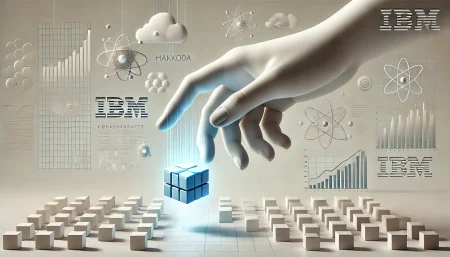 Ilustración minimalista con fondo blanco que representa la adquisición de Hakkoda por parte de IBM. Una mano gigante recoge un cubo azul brillante entre otros cubos flotantes que simbolizan datos en la nube. La imagen sugiere transformación digital, inteligencia artificial y servicios de consultoría tecnológica.