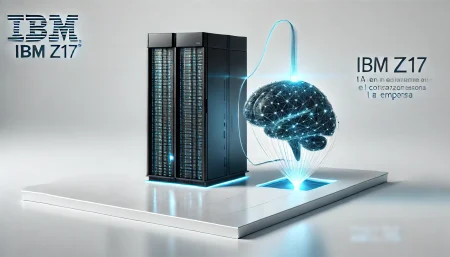Ilustración conceptual surrealista y minimalista del mainframe IBM z17 conectado con inteligencia artificial. El fondo blanco y la estética futurista representan la eficiencia, seguridad y evolución tecnológica para empresas.