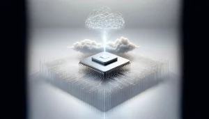 Ilustración digital surrealista y minimalista del chip Google Ironwood TPU flotando sobre una nube, rodeado de conexiones neuronales abstractas y una red de datos futurista. Fondo blanco, estilo conceptual y limpio, ideal para representar el poder computacional en la inteligencia artificial.