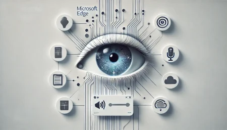 Ilustración de un ojo digital que observa una ventana del navegador Microsoft Edge con iconos flotantes, representando la asistencia de Copilot Vision por voz.