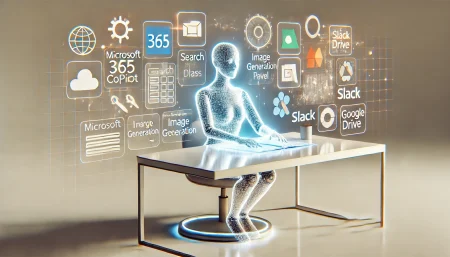 Ilustración minimalista de Microsoft 365 Copilot con IA en entorno empresarial