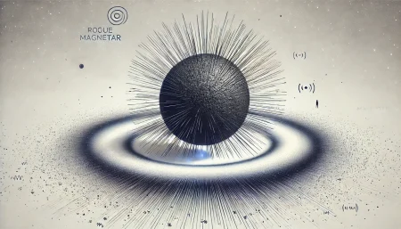 Imagen conceptual subrealista de un magnetar errante, con fondo blanco y estilo minimalista. Representa una estrella de neutrones con campos magnéticos extremos atravesando la galaxia Vía Láctea, útil para artículos sobre astronomía, telescopio Hubble, y astrofísica moderna.