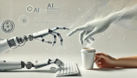 Ilustración minimalista de una IA escribiendo código mientras un desarrollador toma café