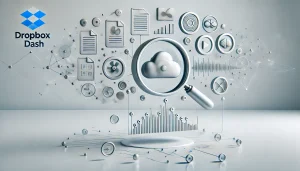 Ilustración minimalista de una lupa escaneando íconos de archivos conectados a una nube de IA, representando Dropbox Dash