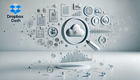 Ilustración minimalista de una lupa escaneando íconos de archivos conectados a una nube de IA, representando Dropbox Dash
