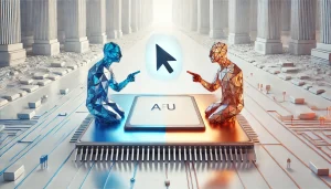 Ilustración subrealista y minimalista que simboliza la competencia entre los asistentes de programación con inteligencia artificial Windsurf y Cursor.