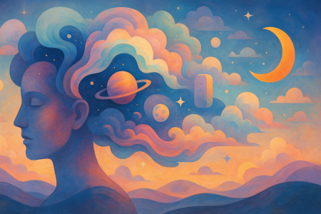 Ilustración surrealista que representa la inteligencia artificial generativa ética con elementos abstractos y atmósfera onírica