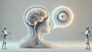 Ilustración surrealista de una inteligencia artificial con memoria, representada por un cerebro y un chat entrelazados