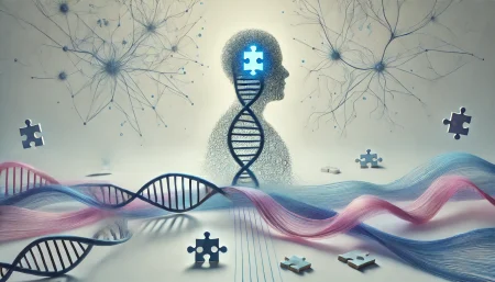 Ilustración minimalista sobre la genética del autismo con ADN, rutas neuronales y piezas de rompecabezas sobre fondo blanco.