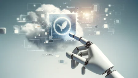 Ilustración subrealista y minimalista de una mano robótica colocando una marca de agua sobre una imagen digital flotante, representando el uso de marcas en imágenes generadas por inteligencia artificial en ChatGPT.