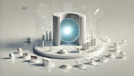 Ilustración subrealista y minimalista de un centro de datos futurista en forma de portal Stargate, simbolizando la expansión global de la inteligencia artificial