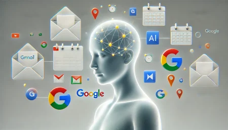 Ilustración digital minimalista y subrealista de una inteligencia artificial interactuando con Gmail, Google Calendar y Google Docs, representando la integración de Claude con Google Workspace para mejorar la productividad con IA.