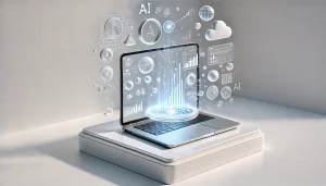 Imagen conceptual sobre la integración de inteligencia artificial en Google Slides. Representa una laptop proyectando diapositivas holográficas generadas por IA, con gráficos y bloques visuales, simbolizando el uso de herramientas como Imagen 3 para crear presentaciones impactantes y automatizadas. Fondo blanco, estilo limpio y moderno.