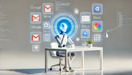 Robot con IA utilizando aplicaciones de Google Workspace en estilo surrealista y minimalista