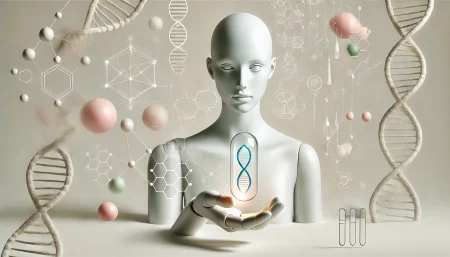 Ilustración minimalista de robot con cápsula de ADN, simbolizando la inteligencia artificial aplicada a la medicina y descubrimiento de fármacos.