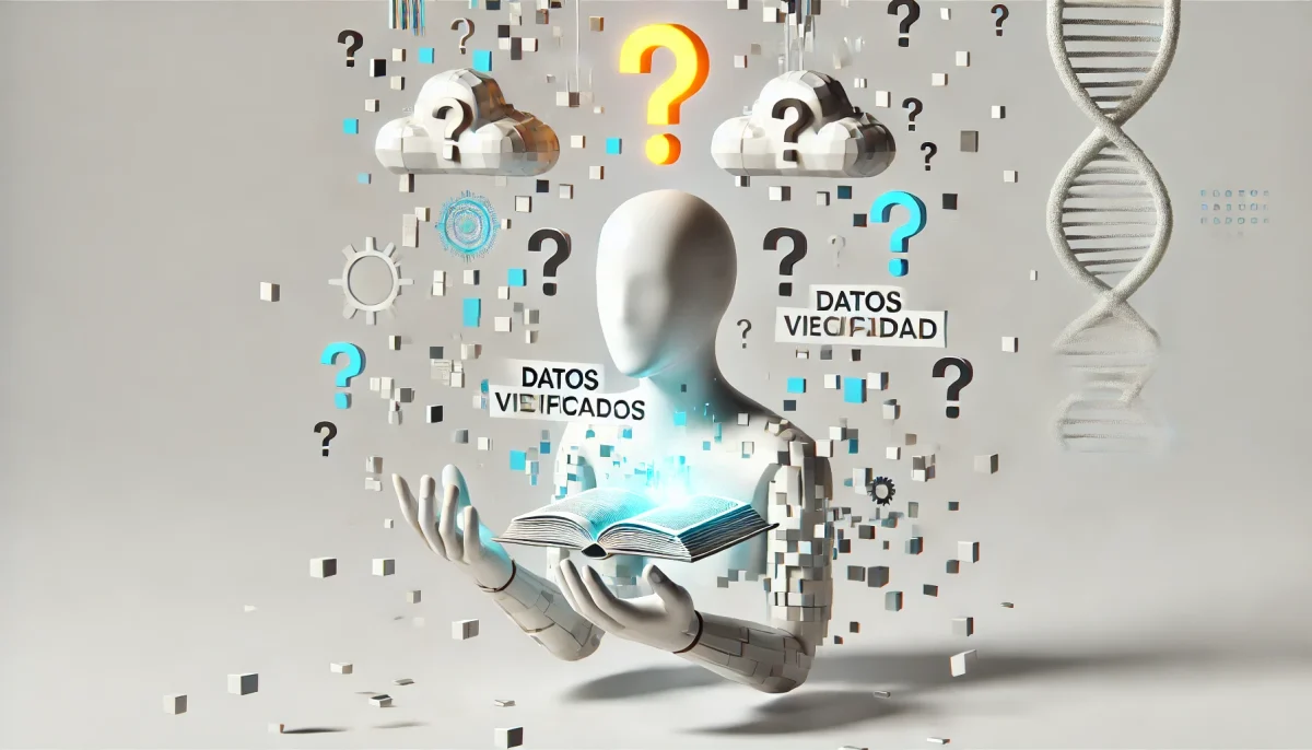 Ilustración digital surrealista y minimalista en fondo blanco que representa una inteligencia artificial rodeada de bloques de datos fragmentados y signos de interrogación. El personaje sostiene un libro titulado “Datos verificados” mientras intenta alcanzar una nube rotulada como “Realidad”. Imagen conceptual sobre las alucinaciones en IA y la importancia de la verificación de información en modelos de lenguaje.