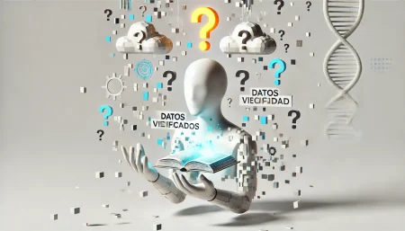 Ilustración digital surrealista y minimalista en fondo blanco que representa una inteligencia artificial rodeada de bloques de datos fragmentados y signos de interrogación. El personaje sostiene un libro titulado “Datos verificados” mientras intenta alcanzar una nube rotulada como “Realidad”. Imagen conceptual sobre las alucinaciones en IA y la importancia de la verificación de información en modelos de lenguaje.