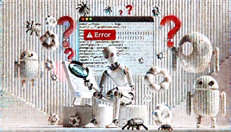 Ilustración surrealista y minimalista de una inteligencia artificial intentando depurar errores de código. Un robot pensativo frente a una computadora con símbolos de error flotantes, sobre fondo blanco. Representa las limitaciones actuales de la IA en programación.