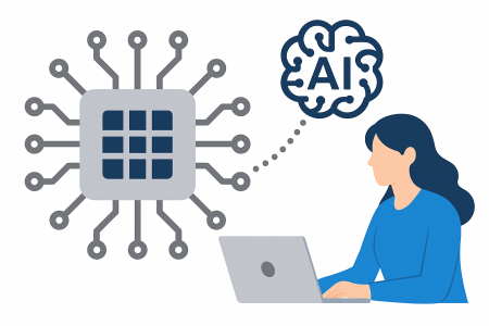 "Conexión entre inteligencia artificial y diseño de chips de silicio sobre fondo blanco"