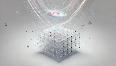 Imagen conceptual y minimalista que representa el espacio-tiempo cuántico según la teoría de cuerdas, con un fondo blanco, una cuadrícula geométrica translúcida y una galaxia flotante que simboliza la expansión del universo. Ideal para artículos sobre energía oscura, física teórica y cosmología.