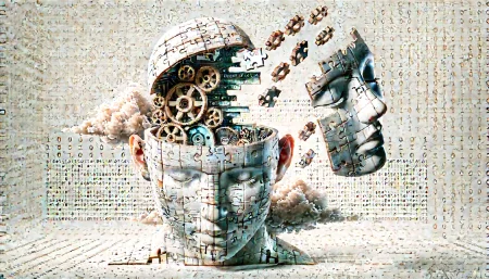Ilustración surrealista de un robot con máscara humana desmontada, sobre fondo blanco, representando la falta de consciencia en la inteligencia artificial.