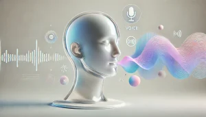 Ilustración minimalista y surrealista de una cabeza de cristal con ondas de voz flotantes en colores pastel, representando la comunicación por voz con un asistente de inteligencia artificial como Claude. Fondo blanco, estilo futurista y abstracto para uso en artículos sobre IA conversacional.