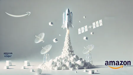 Ilustración subrealista y minimalista de un cohete lanzando satélites del Project Kuiper de Amazon en fondo blanco