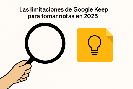 Imagen minimalista que representa una mano con lupa analizando el icono de Google Keep, ilustrando las limitaciones de Google Keep para tomar notas en 2025.