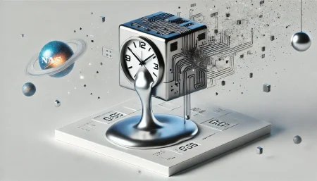 Arte conceptual minimalista que representa la manipulación del tiempo y el espacio mediante tecnología, con fondo blanco y estilo surrealista.