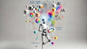 Ilustración surrealista minimalista sobre modelos de IA creativa como Adobe Firefly, OpenAI y Google, en fondo blanco.