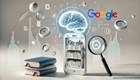 Imagen conceptual del nuevo modo de búsqueda con IA de Google, donde un smartphone convierte una imagen en datos procesados por una inteligencia artificial, simbolizado por un cerebro iluminado, con libros y lupas flotando en un fondo blanco. Ideal para ilustrar artículos sobre buscadores con inteligencia artificial, Google Lens o tecnología de búsqueda multimodal.